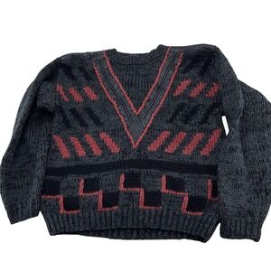 Street Scenes Sweater Mens Medium Charcoal Red Marled Leather Geometric 80s VTG